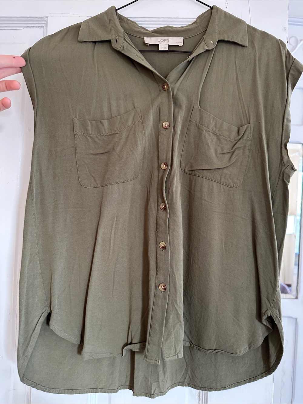 LOFT Olive Button-Down Cap Sleeve Shirt